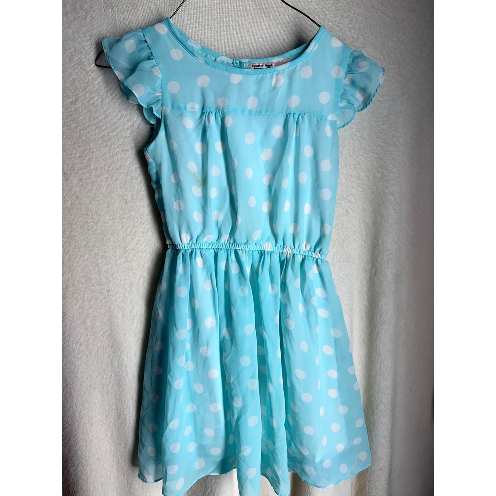 Scooter Brown Girls Blue White Polka Dot Flutter Sleeve Dress Size 10/12